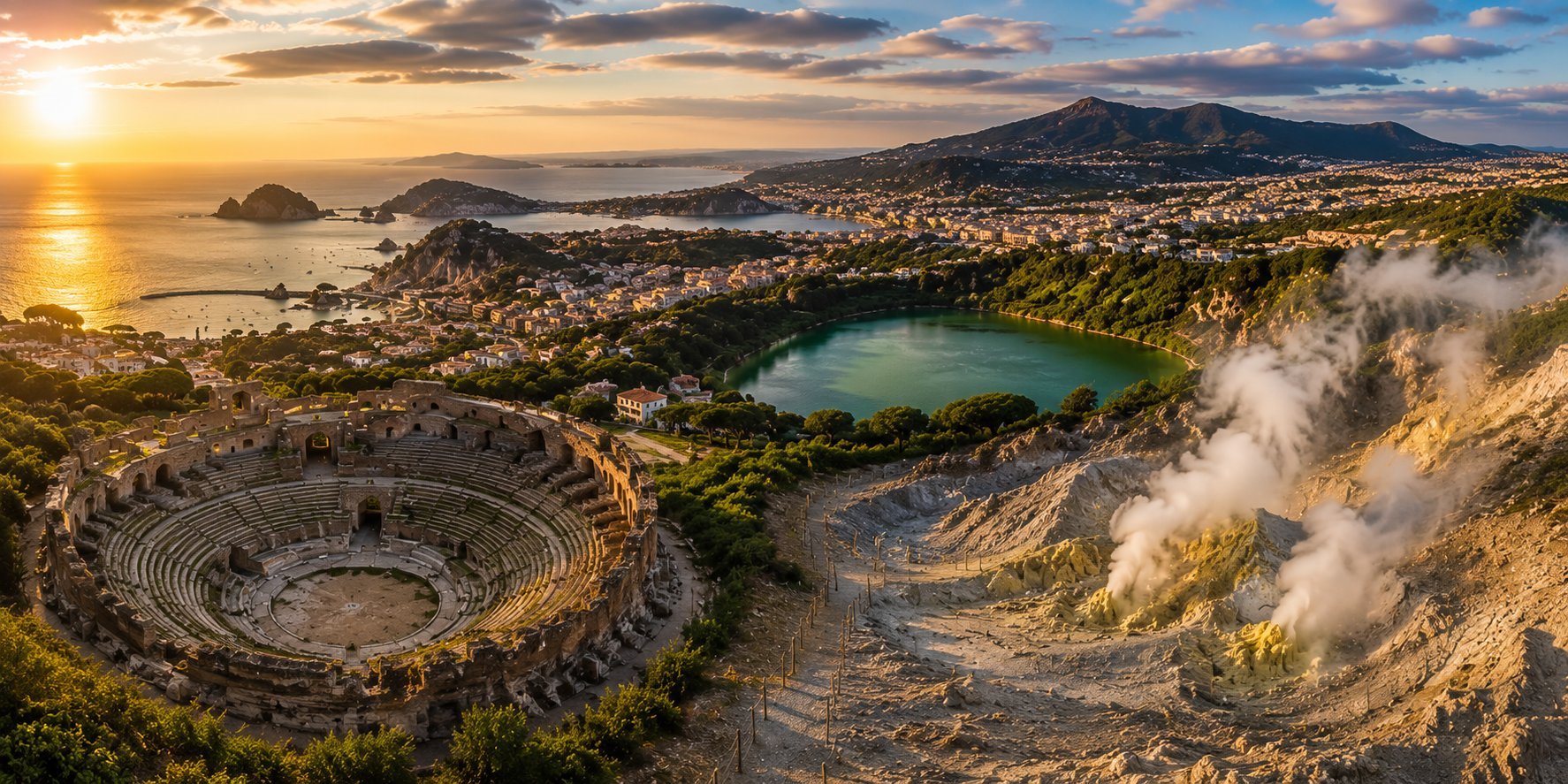 Aerial view of the Campi Flegrei at sunset — a Roman amphitheater, the green crater lake and steaming volcanic fumaroles west of Naples